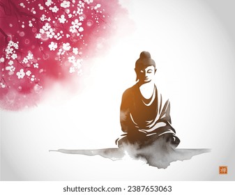 Ink wash painting of Buddha in meditation and sakura tree in bloom. Traditional oriental ink painting sumi-e, u-sin, go-hua. Translation of hieroglyph - zen.