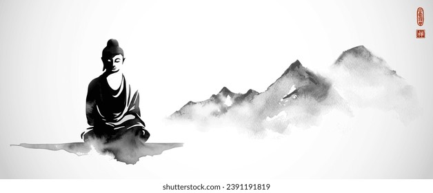 Pintura de Buda con lavado de tinta en montañas de meditación y niebla. Tinta oriental tradicional sumi-e, u-sin, go-hua. Traducción de jeroglífico - zen.