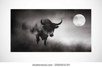 Ink wash painting of bull in dark mist under the full moon in night sky. Traditional oriental ink painting sumi-e, u-sin, go-hua. 