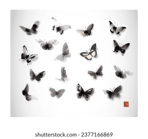 Ink wash painting of butterflies in japanese sumi-e style on white background.Translation of hieroglyph - joy.