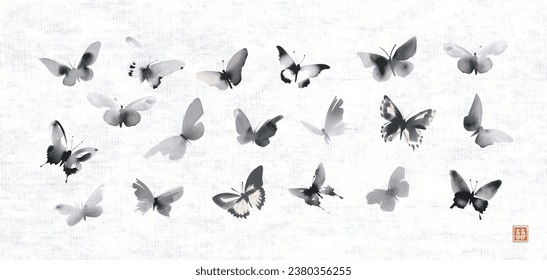 Pintura de tinta de mariposas en estilo sumi-e japonés sobre fondo de papel de arroz blanco. Traducción de jeroglífico - doble suerte.