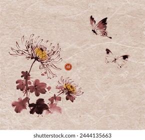 Ink wash painting with butterflies over chrysanthemum flowers. Traditional oriental ink painting sumi-e, u-sin, go-hua on white background. Translation of hieroglyph - eternity.