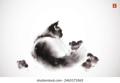 Ink wash painting of a cat surrounded by tiny chicks. Traditional oriental ink painting sumi-e, u-sin, go-hua. Translation of hieroglyph - joy.