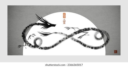 Ink wash painting of chinese dragon and the moon on grey background. Traditional oriental ink painting sumi-e, u-sin, go-hua. Symbol of the year 2024. Hieroglyph - eternity.