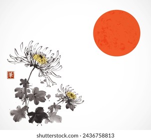  Ink wash painting  of chrysanthemum and big red sun. Traditional oriental ink painting sumi-e, u-sin, go-hua. Translation of hieroglyph - flower.