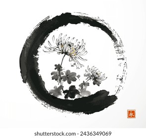 Ink wash painting with chrysanthemum in black enso zen circle. Traditional oriental ink painting sumi-e, u-sin, go-hua on white background. Translation of hieroglyph - eternity.