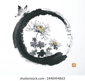 Ink wash painting with chrysanthemum in black enso zen circle. Traditional oriental ink painting sumi-e, u-sin, go-hua on white background. Translation of hieroglyph - eternity.