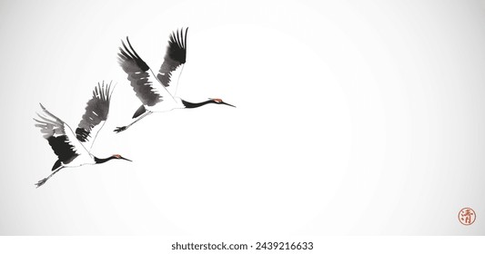 Ink wash painting with cranes in flight on white background. Traditional oriental ink painting sumi-e, u-sin, go-hua. Hieroglyph - clarity