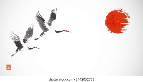 Ink wash painting with cranes in flight and big red sun. Traditional oriental ink painting sumi-e, u-sin, go-hua. Hieroglyph - eternity.