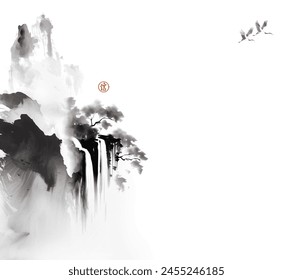 Ink wash painting with cranes flying over a cliff waterfall.Traditional oriental ink painting sumi-e, u-sin, go-hua. Hieroglyph - faith.