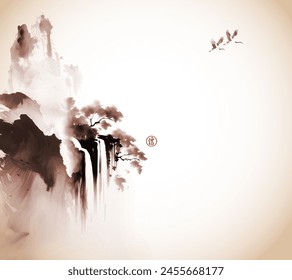 Ink wash painting with cranes flying over a cliff waterfall.Traditional oriental ink painting sumi-e, u-sin, go-hua in vintage style. Hieroglyph - faith.