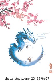 Ink wash painting of curled up blue dragon under pink sakura tree in bloom.Oriental ink painting sumi-e, u-sin, go-hua. Symbol of the chinese new year 2024. Translation of hieroglyph - good luck.