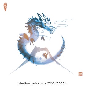 Ink wash painting of curled up blue dragon and  mountain.Traditional oriental ink painting sumi-e, u-sin, go-hua. Symbol of the chinese new year 2024. Translation of hieroglyph - good luck