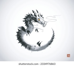 Ink wash painting of curled up dragon in oriental style. Traditional oriental ink painting sumi-e, u-sin, go-hua. Symbol of the chinese new year 2024. Translation of hieroglyph - good luck