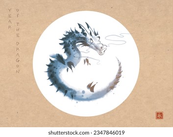 Ink wash painting of curled up  dragon in white circle on vintage paper background.Traditional oriental ink painting sumi-e, u-sin, go-hua. Symbol of the chinese new year 2024. Hieroglyph - eternity.