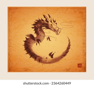 Ink wash painting of curled up dragon on vintage background .Traditional oriental ink painting sumi-e, u-sin, go-hua. Symbol of the chinese new year 2024. Translation of hieroglyph - good luck.