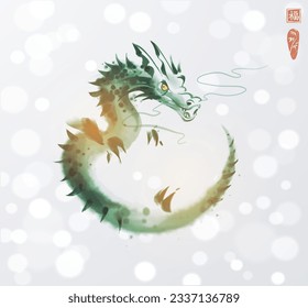 Ink wash painting of curled up green dragon on white glowing background Traditional oriental ink painting sumi-e, u-sin, go-hua. Chinese new year 2024. Translation of hieroglyph - good luck.
