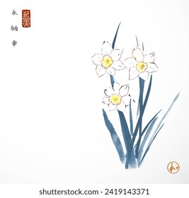 Ink wash painting of delicate blue daffodiles. Traditional oriental ink painting sumi-e, u-sin, go-hua. Hieroglyphs - eternity, freedom, happiness, harmony.