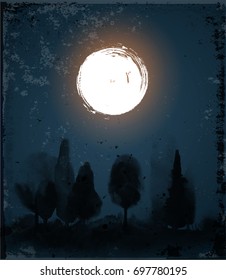 Ink wash painting with forest trees and the Moon on dark blue night background. Traditional Japanese ink painting sumi-e