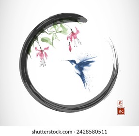 Ink wash painting of fuchsia flowers and hummingbird in flight in black enso zen circle. Traditional oriental ink painting sumi-e, u-sin, go-hua. Hieroglyphs - grace, eternity.