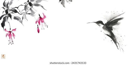 Ink wash painting of fuchsia flowers and hummingbird in flight. Traditional oriental ink painting sumi-e, u-sin, go-hua. Hieroglyph - grace.