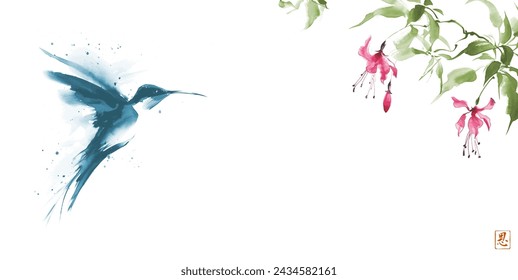 Ink wash painting of fuchsia flowers and hummingbird in flight. Traditional oriental ink painting sumi-e, u-sin, go-hua. Hieroglyph - grace.