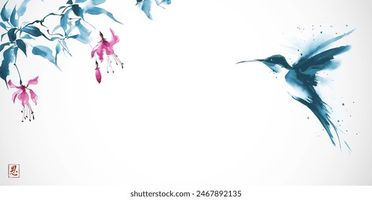 Ink wash painting of fuchsia flowers and hummingbird in flight. Traditional oriental ink painting sumi-e, u-sin, go-hua. Hieroglyph - grace.