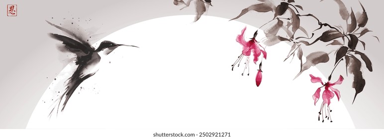 Ink wash painting of fuchsia flowers and hummingbird in flight, fuchsia flowers and big sun. Traditional oriental ink painting sumi-e, u-sin, go-hua. Hieroglyph - grace.