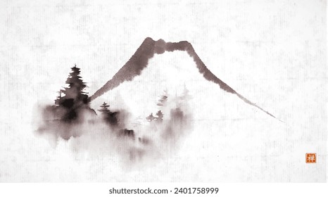 Ink wash painting of Fujii mountain and pine trees on rice paper background. Traditional Japanese ink wash painting sumi-e. Hieroglyph - well-being.