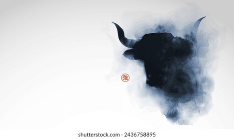 Ink wash painting with the head of a bull in mist, depicted with bold and fluid blue ink strokes, creating a sense of movement and strength. Japanese ink wash painting sumi-e. Hieroglyph - wisdom
