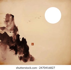 Ink wash painting with high cliffs and the moon on vintage background.Traditional oriental ink painting sumi-e, u-sin, go-hua. Hieroglyph - eternity.