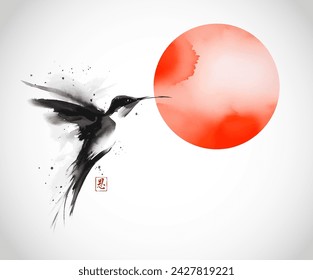 Pintura de lavado de tinta de colibrí y gran sol rojo. Tinta oriental tradicional pintura sumi-e, u-sin, go-hua. Jeroglífico - gracia