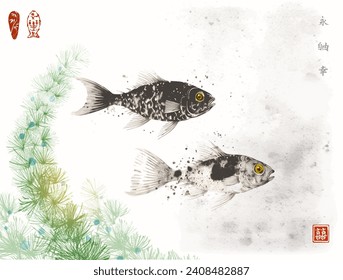 Ink wash painting illustration with two koi carps with golden eyes and green aquatic plants. Traditional Japanese ink wash painting sumi-e. Hieroglyphs - eternity, freedom, happiness, double luck.