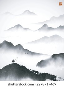 Ink wash painting with landscape in chinese style with pagoda temple and  misty mountains. Traditional Japanese ink wash painting sumi-e. Translation of hieroglyph - silence.