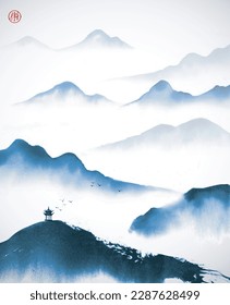 Ink wash painting with landscape in chinese style with pagoda temple and blue misty mountains. Traditional Japanese ink wash painting sumi-e. Translation of hieroglyph - joy.