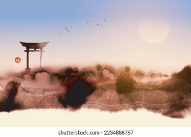 Ink wash painting of landscape with sacred torii gates and flock of birds. Traditional oriental ink painting sumi-e, u-sin, go-hua.  Hieroglyph - well-being