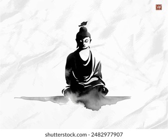 Ink wash painting of little bird sitting on the head of meditating Buddha. Traditional oriental ink painting sumi-e, u-sin, go-hua. Translation of hieroglyph - zen.