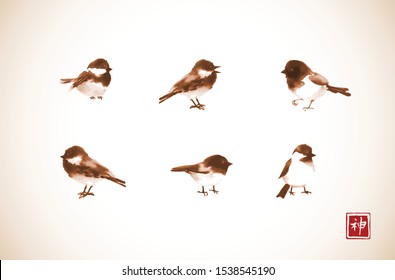 Ink wash painting of little birds in vintage style. Traditional oriental ink painting sumi-e, u-sin, go-hua. Hieroglyph - spirit