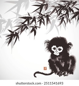 Ink wash painting of little monkey sitting under bamboo leaves in sumi-e style. Hieroglyph - happiness