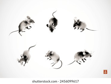 Ink wash painting of mice  in various poses. Traditional oriental ink painting sumi-e, u-sin, go-hua. Hieroglyph - joy.