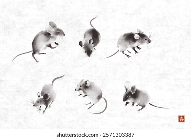 Ink wash painting of mice  in various poses on rice paper background. Traditional oriental ink painting sumi-e, u-sin, go-hua in vintage style. Hieroglyph - joy.