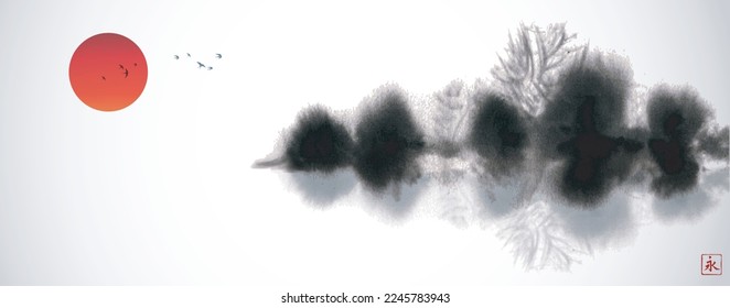 Ink wash painting in minimalist and clean style. Misty island with forest trees and big red sun. Traditional oriental ink painting sumi-e, u-sin, go-hua. Translation of hieroglyph - eternity.