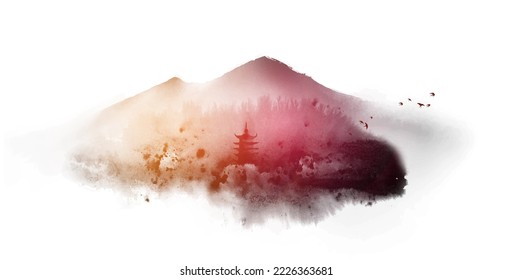 Pintura de lavado de tinta con montañas de bosque nublado, templo de pagoda y rebaño de pájaros en el cielo. Tinta oriental tradicional sumi-e, u-sin, go-hua