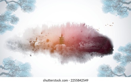 Ink wash painting with misty forest mountains, pagoda temple and pine tree branches. Traditional oriental ink painting sumi-e, u-sin, go-hua