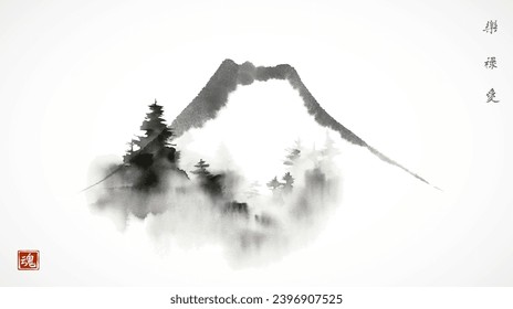 Pintura de un lavado de tinta de una montaña Fuji con pinos. Pintura tradicional japonesa de tintas sumi-e. Jeroglíficos - alegría, bienestar, belleza