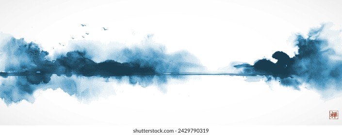 Ink wash painting of a misty landscape with trees, birds, and lake in blue tones. Traditional oriental ink painting sumi-e, u-sin, go-hua. Translation of hieroglyph - zen.