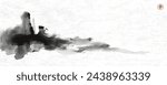 Ink wash painting of a misty mountain landscape, minimalistic and serene. Traditional oriental ink painting sumi-e, u-sin, go-hua on rice paper background. Hieroglyph - happiness