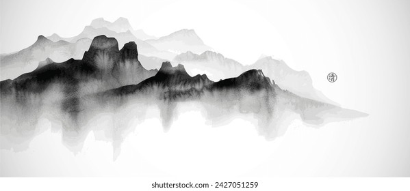 Ink wash painting of misty mountain ranges. Traditional oriental ink painting sumi-e, u-sin, go-hua. Hieroglyph - clarity