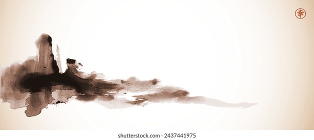 Ink wash painting of a misty mountain landscape, minimalistic and serene. Traditional oriental ink painting sumi-e, u-sin, go-hua in vintage style. Hieroglyph - happiness