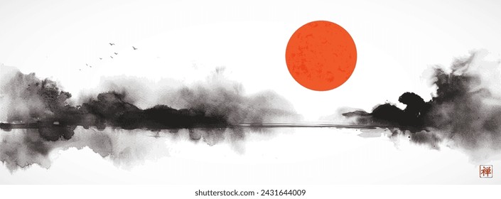 Ink wash painting of a misty sunrise andscape with big red sun over trees, birds, and lake. Traditional oriental ink painting sumi-e, u-sin, go-hua. Translation of hieroglyph - zen.